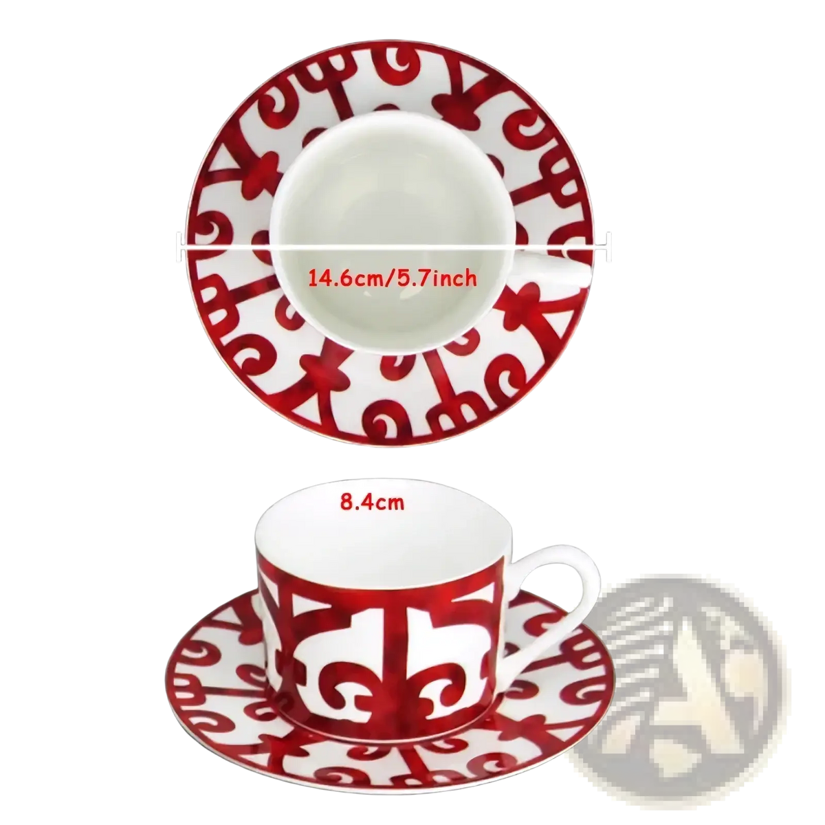 Red and white bone china coffee cup with ornate swirling pattern and matching saucer from red scroll dinnerware set