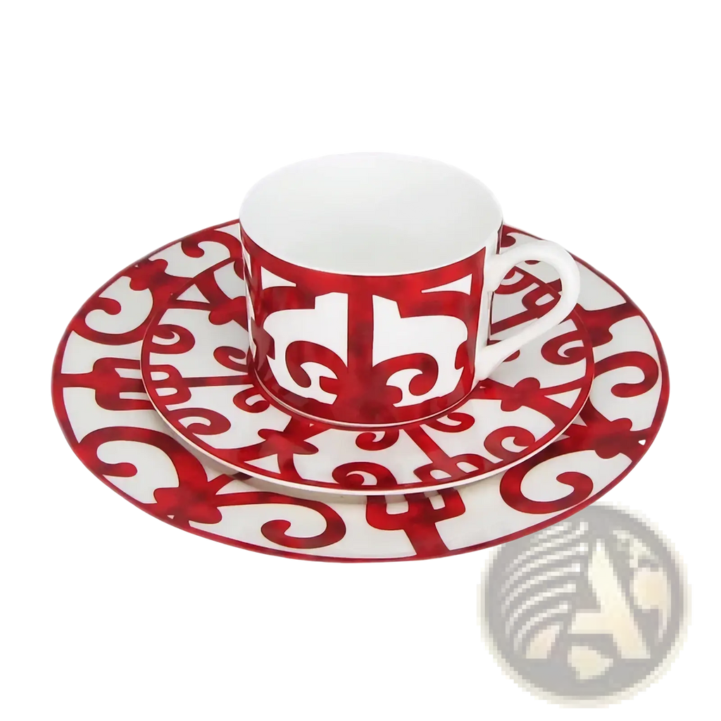 Red and white bone china espresso cup with ornate scrollwork and a glossy finish from the red scroll dinnerware set