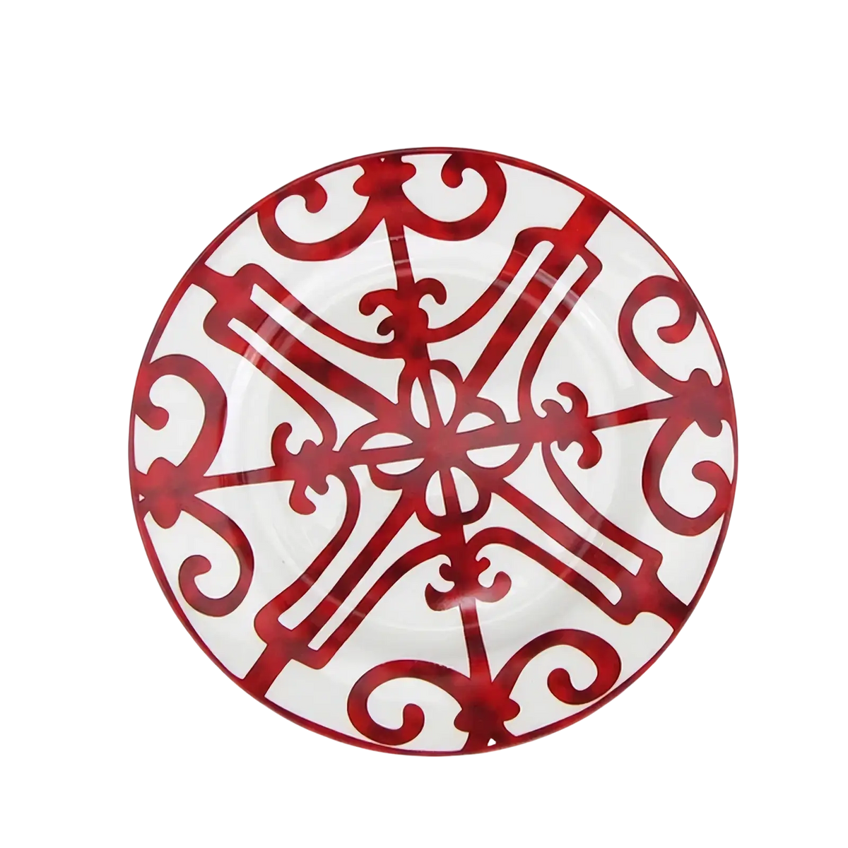 A white bone china plate with bold red ornate scroll and cross-like patterns from the red scroll dinnerware set