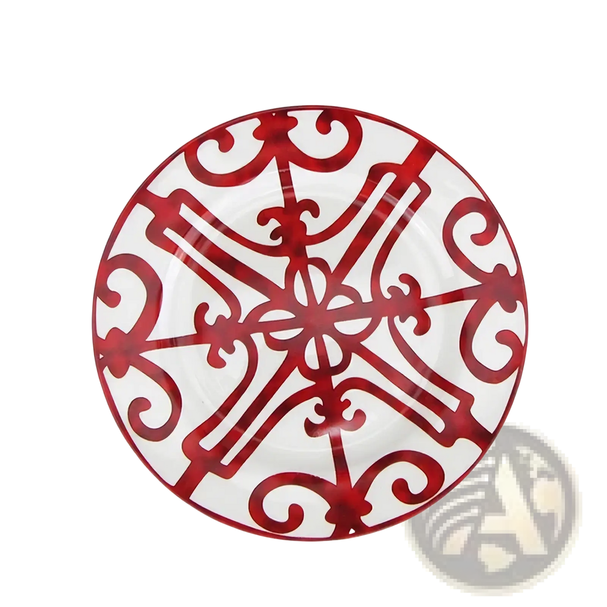 A white bone china plate with bold red ornate scroll and cross-like patterns from the red scroll dinnerware set