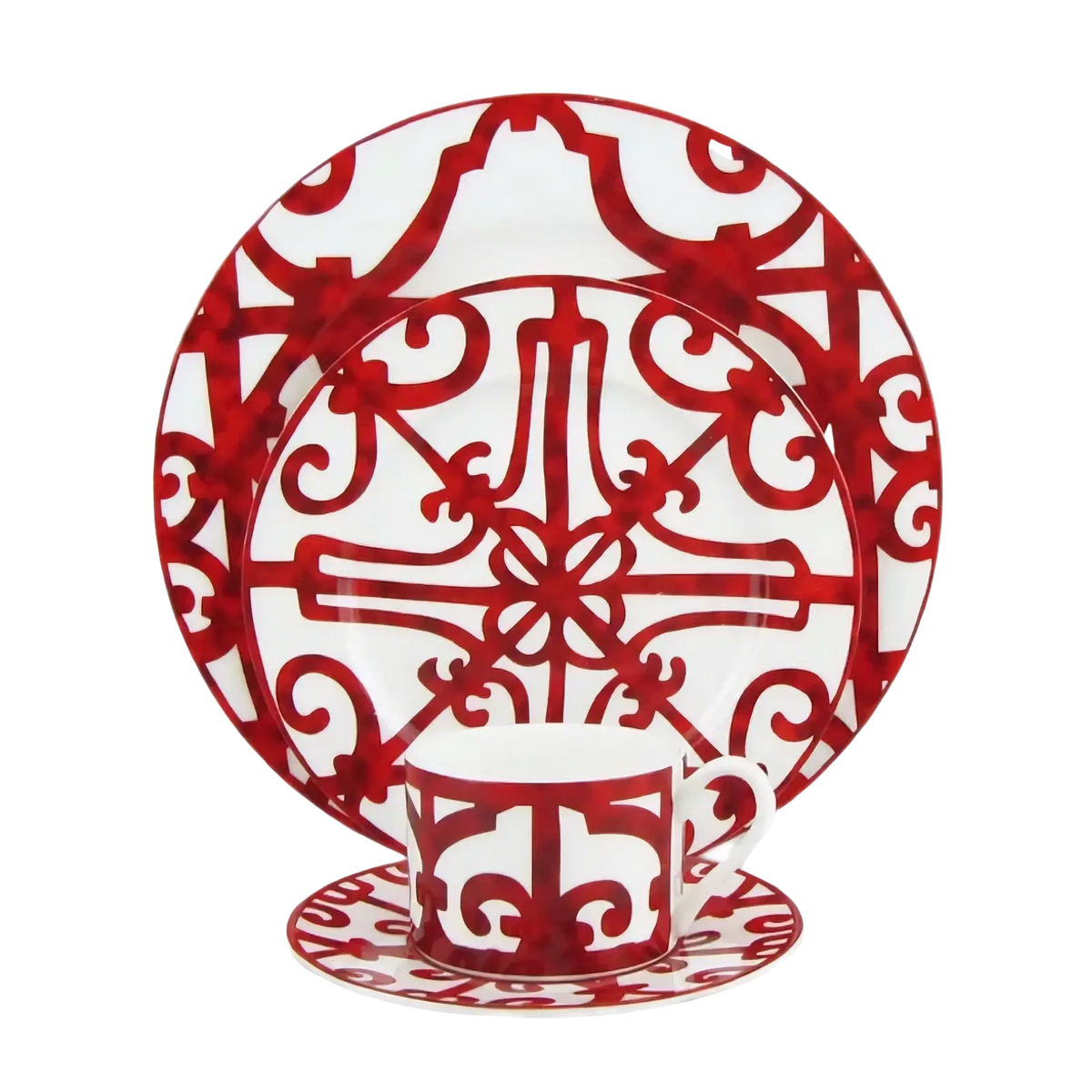 Bone china red scroll dinnerware set featuring red and white ornate ceramic plates with intricate scrollwork design