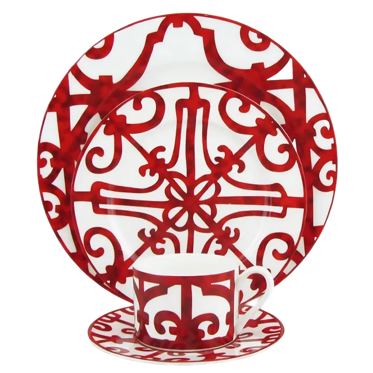 Bone china red scroll dinnerware set featuring red and white ornate ceramic plates with intricate scrollwork design