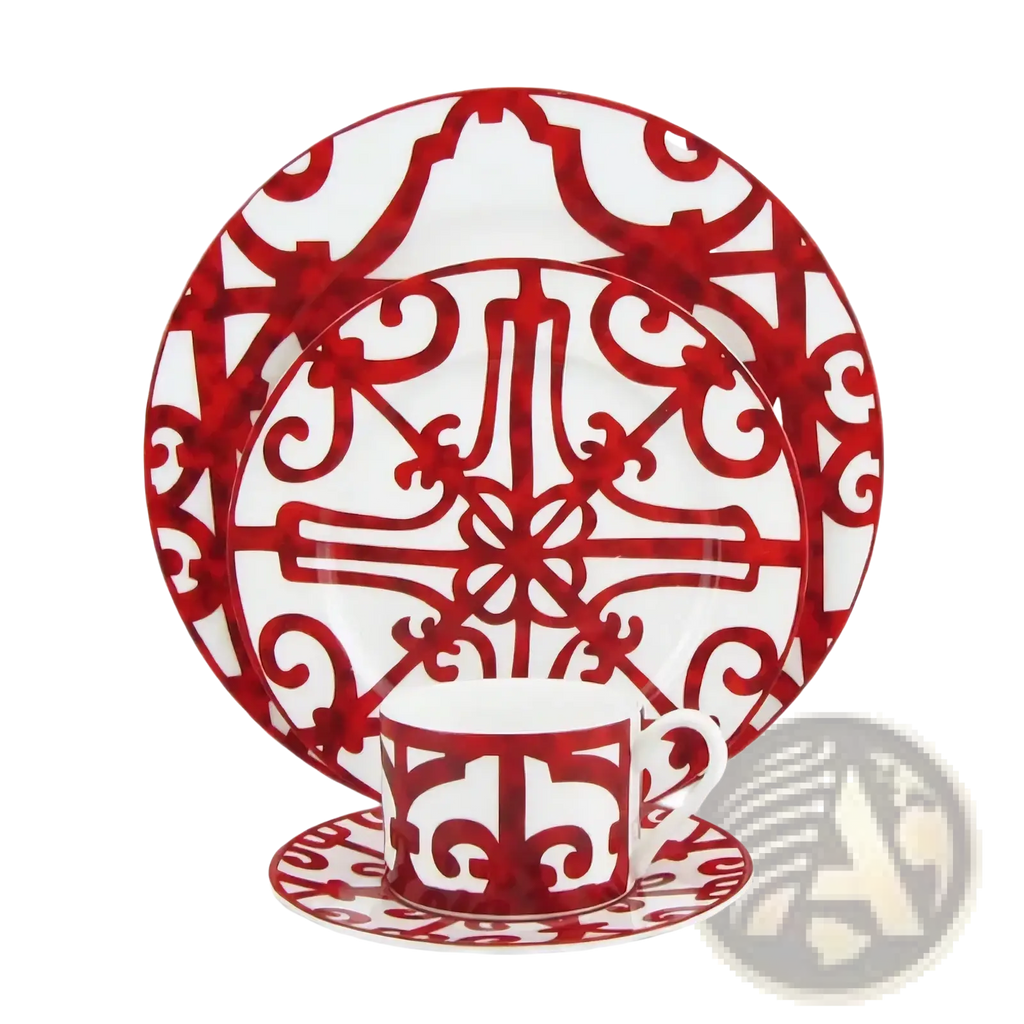 Bone china red scroll dinnerware set featuring red and white ornate ceramic plates with intricate scrollwork design