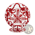 Bone china red scroll dinnerware set featuring red and white ornate ceramic plates with intricate scrollwork design
