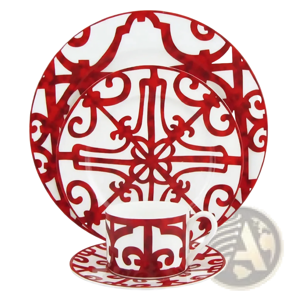 Bone china red scroll dinnerware set featuring red and white ornate ceramic plates with intricate scrollwork design