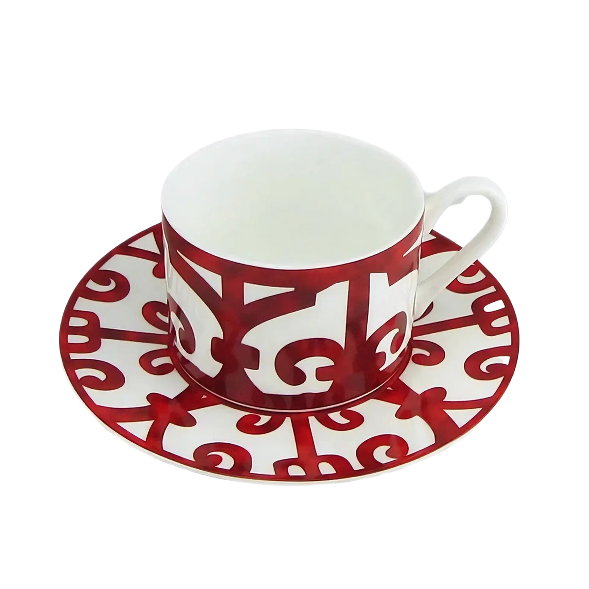 White porcelain bone china teacup and saucer with bold red ornamental scrollwork from red scroll dinnerware set