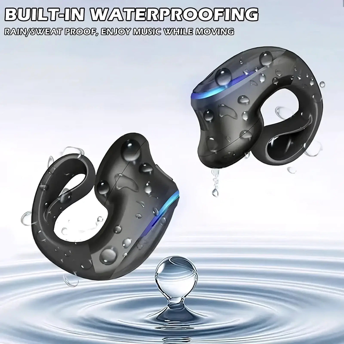 Black bone conduction bluetooth 5.3 sport earbuds with sleek ergonomic design and blue accent lighting edges