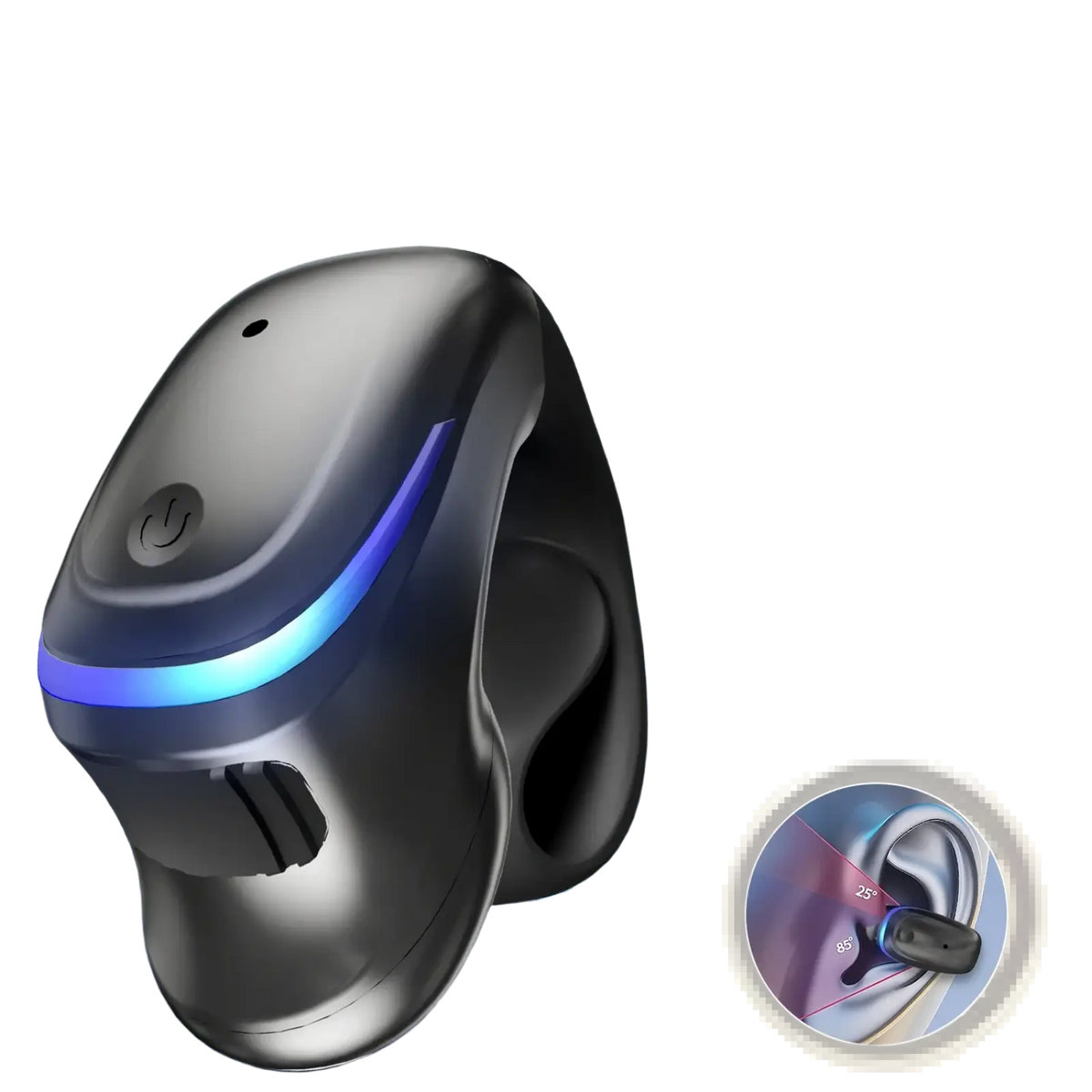 Bone conduction Bluetooth 5.3 sport earbud in black with a sleek ergonomic design and glowing blue accent stripe
