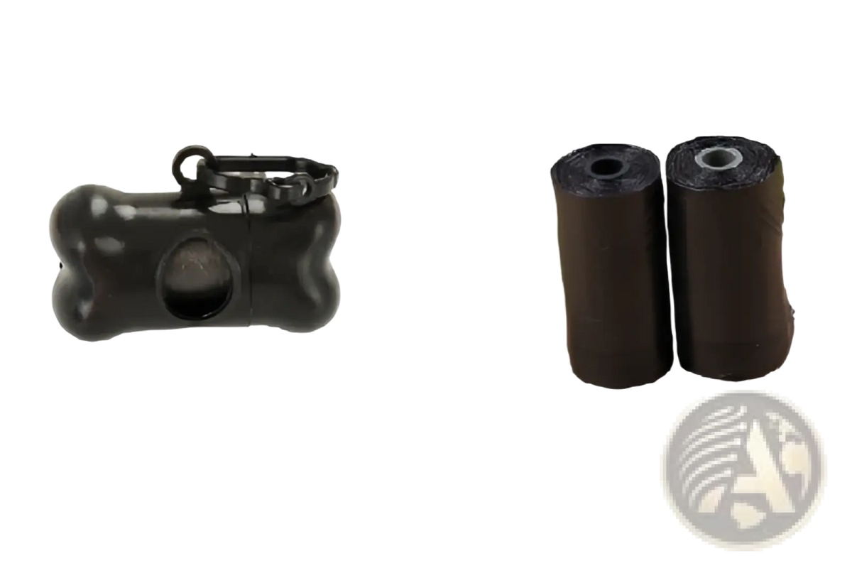 Black bone-shaped dog waste bag dispenser with carabiner clip and two rolls of black plastic refill bags included