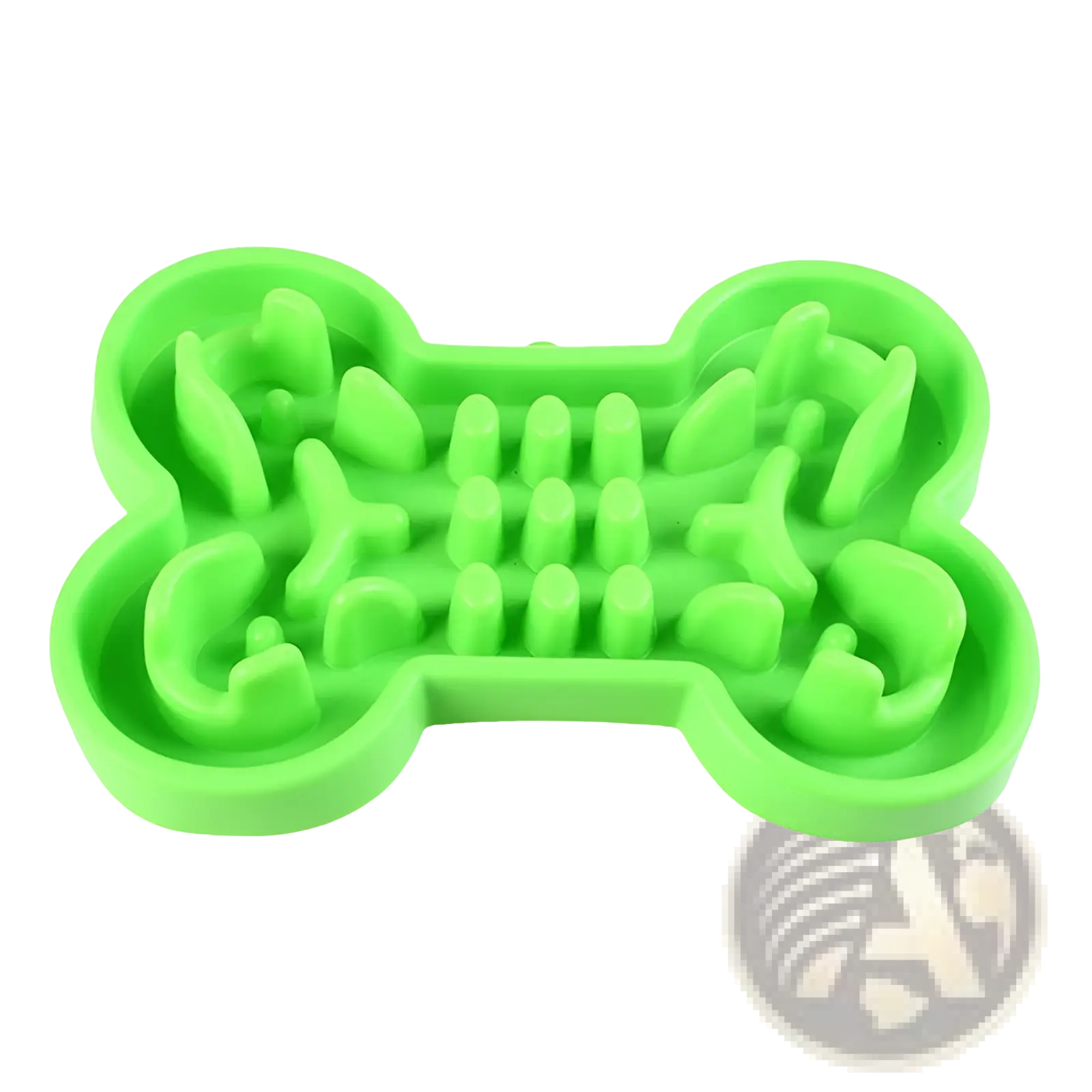Bright green silicone bone-shaped slow feeder dog bowl designed as a puzzle for prolonged feeding