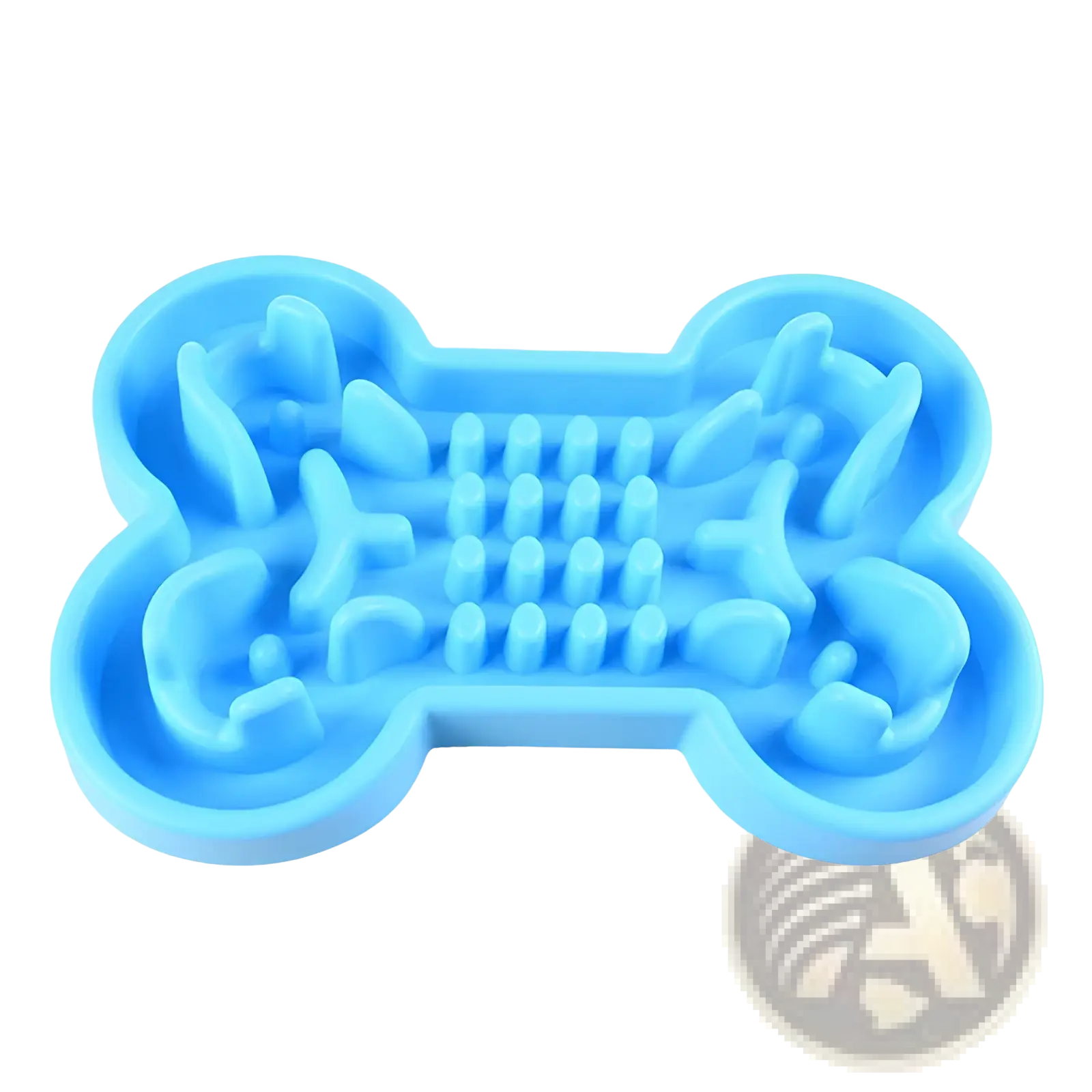 Light blue silicone bone puzzle slow feeder dog bowl with textured maze compartments for slow feeding