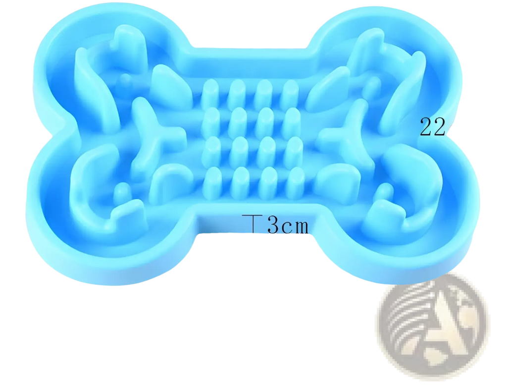 Light blue silicone bone puzzle slow feeder dog bowl with textured ridges and indentations for slow feeding