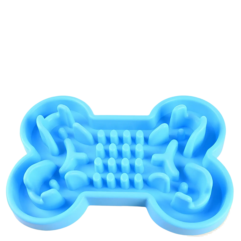 Blue silicone bone-shaped slow feeder dog bowl designed as a puzzle to promote slow eating and mental stimulation