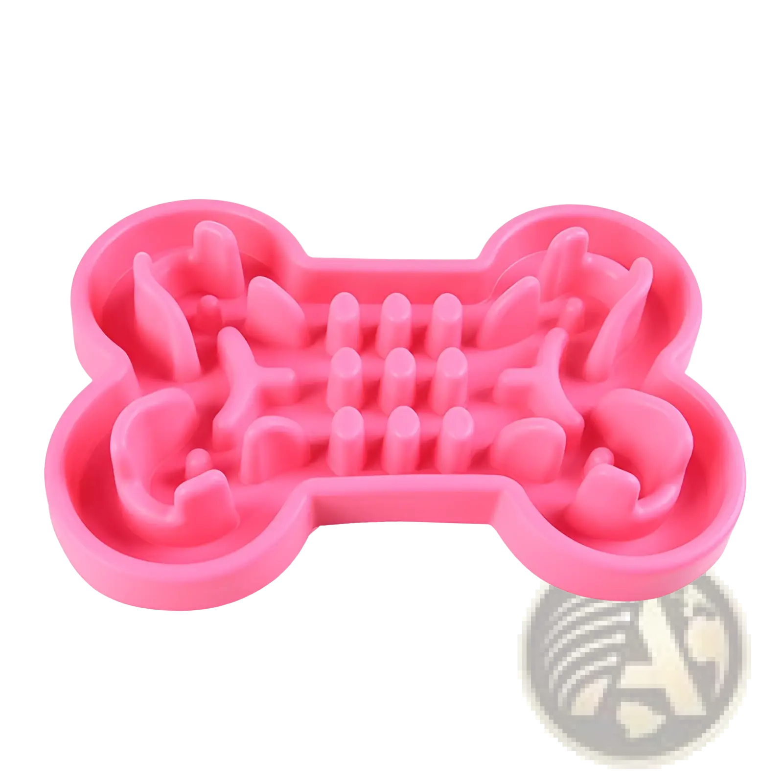 Pink silicone bone-shaped slow feeder dog bowl designed as a puzzle for engaging and slow feeding