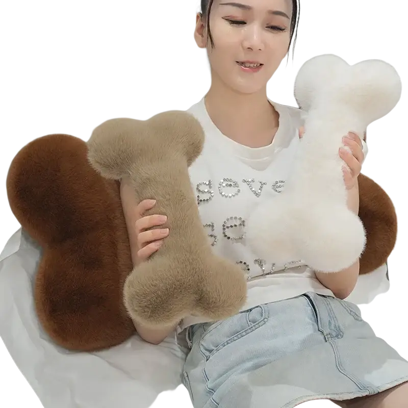 Fluffy brown and white kawaii bone shape plush soft nap cushion pillow made of plush material for comfort
