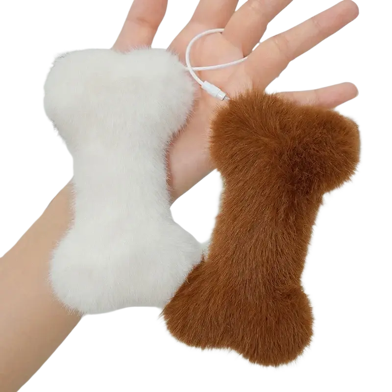 White and brown fluffy kawaii bone shape plush phone chargers with soft faux fur texture for cozy use