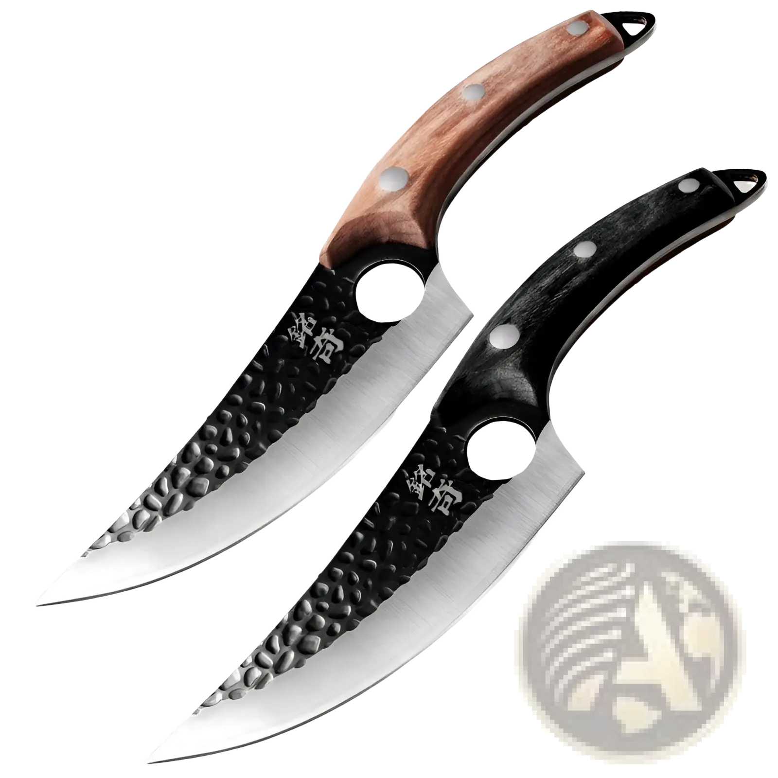 Two boning knives with high carbon hand forged hammered steel blades featuring chinese characters with brown wood and black grips