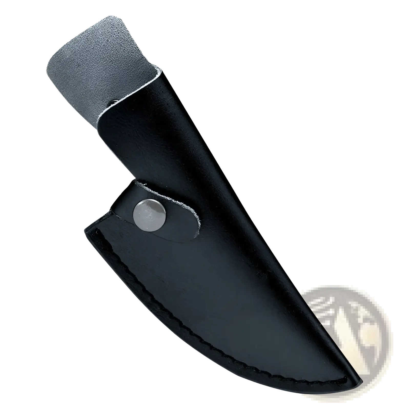 Black leather knife sheath with silver snap button and gray suede lining for boning knife hand forged high carbon steel