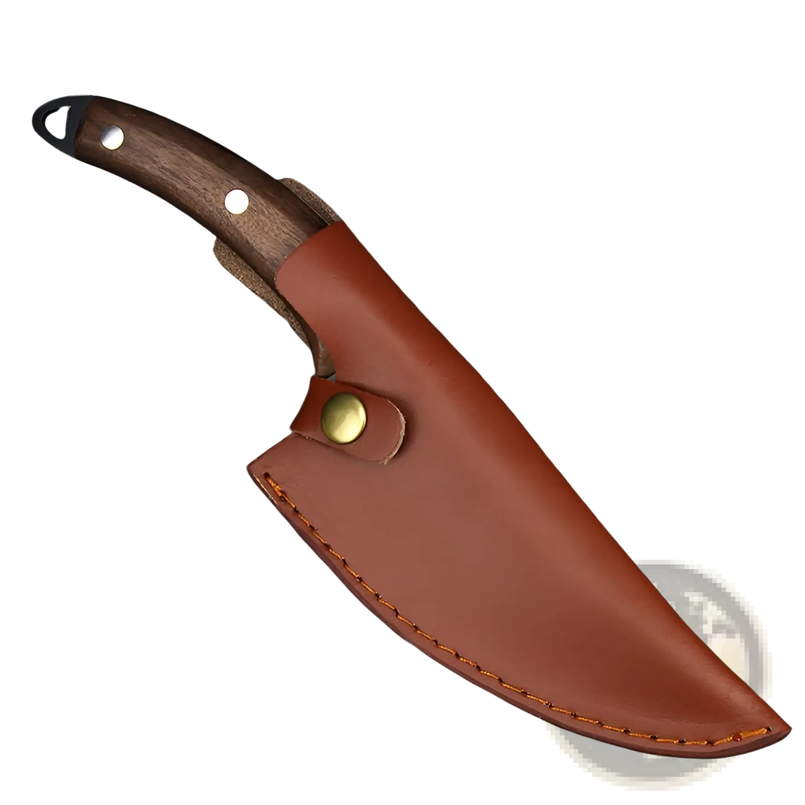 Brown leather sheath with orange stitching and brass snap for boning knife with dark wood handle high carbon steel