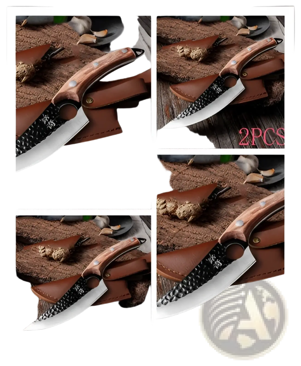 Boning knife hand forged high carbon steel with textured black blade wooden handle in brown leather sheath