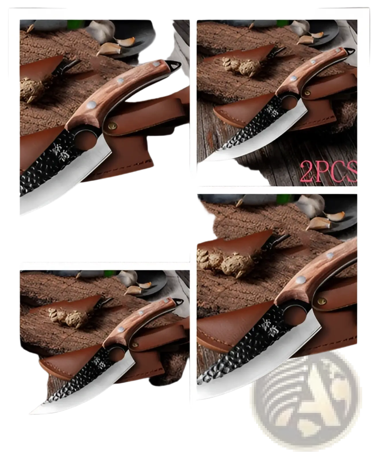 Boning knife hand forged high carbon steel with textured black blade wooden handle in brown leather sheath