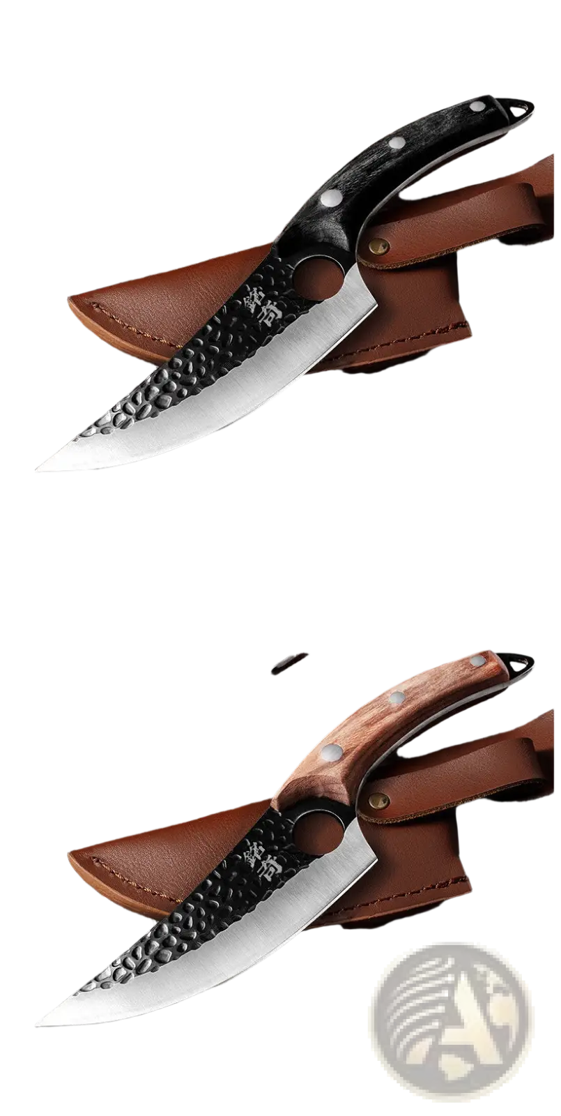 Boning knife hand forged high carbon steel with black hammered textured blade and wood handle with sheath