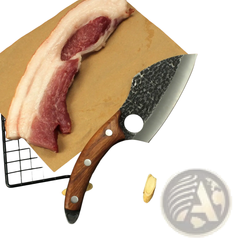 A rustic boning knife hand forged from high carbon steel with a brown wooden handle beside raw bacon on parchment paper