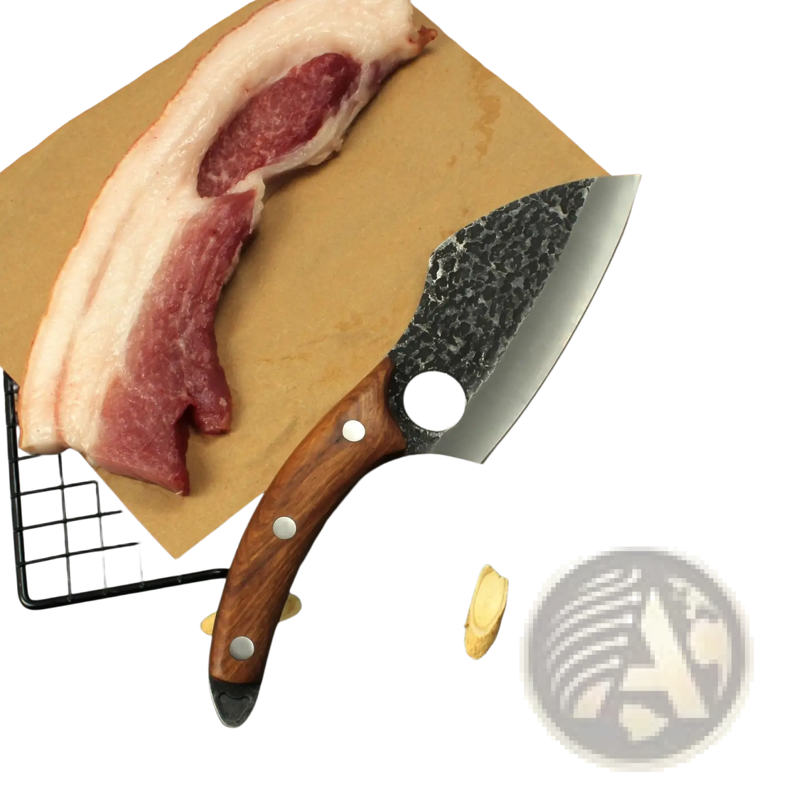 A rustic boning knife hand forged from high carbon steel with a brown wooden handle beside raw bacon on parchment paper