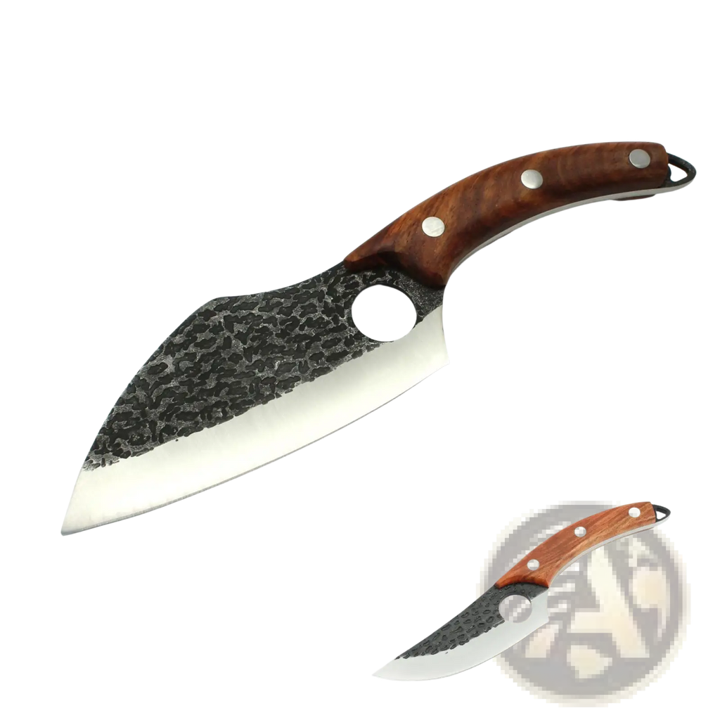 Boning knife hand forged with high carbon steel featuring a dark hammered blade and rich brown wooden handle with sheath