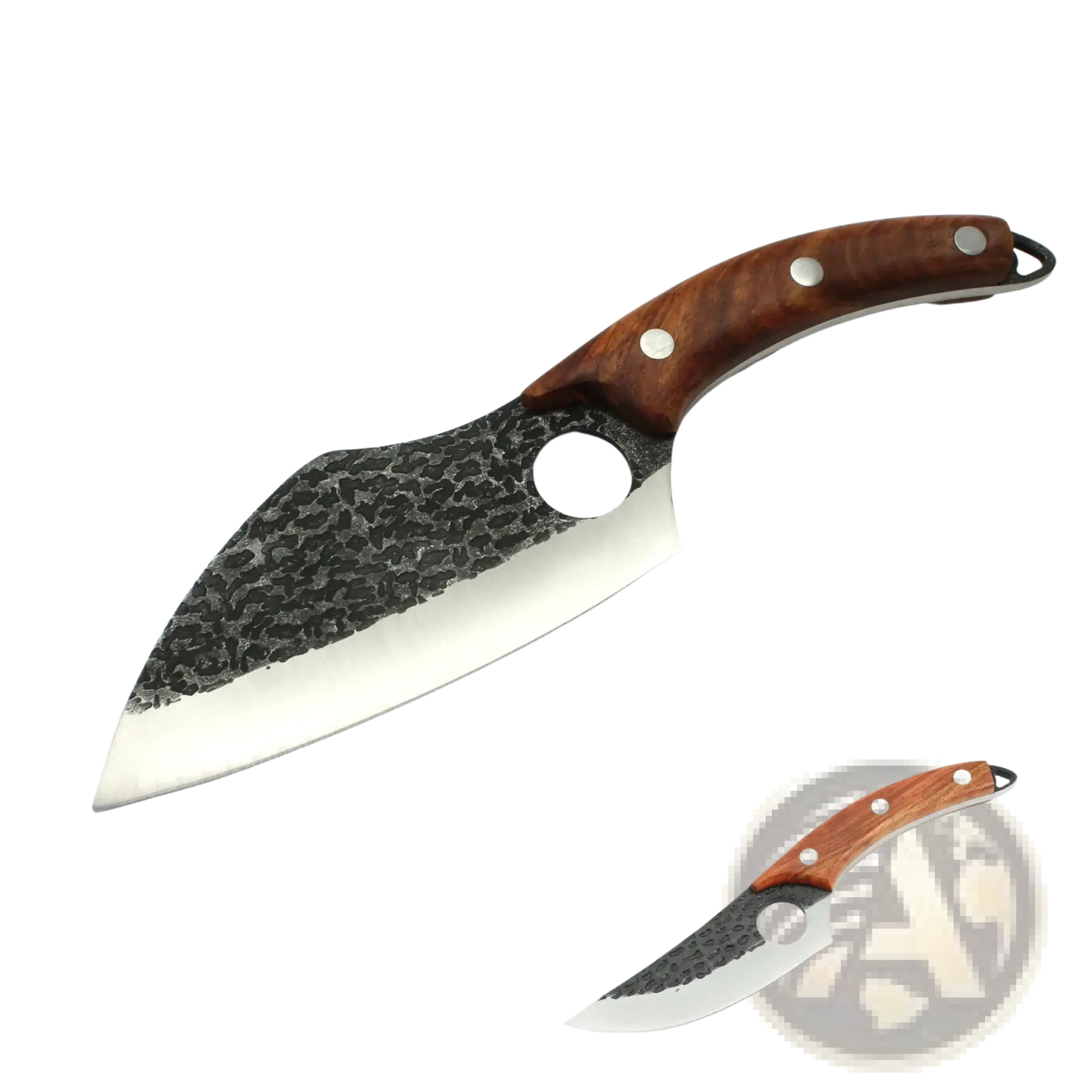 Boning knife hand forged with high carbon steel featuring a dark hammered blade and rich brown wooden handle with sheath