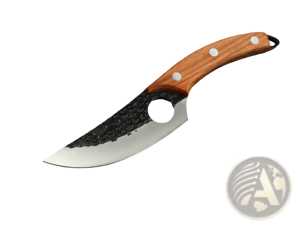 A boning knife with a rustic wooden handle, black textured high carbon steel blade, and three white rivets on handle
