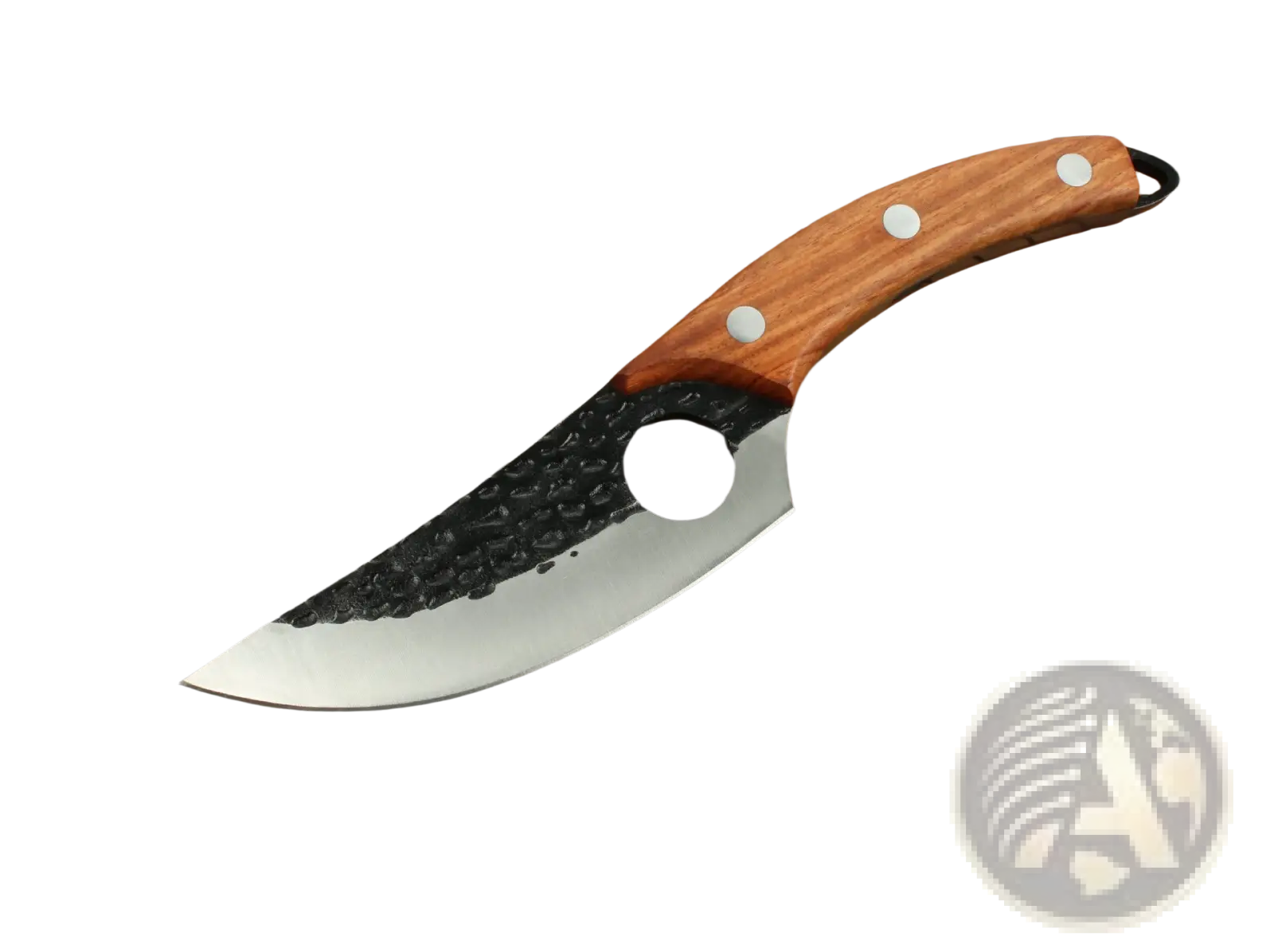 A boning knife with a rustic wooden handle, black textured high carbon steel blade, and three white rivets on handle
