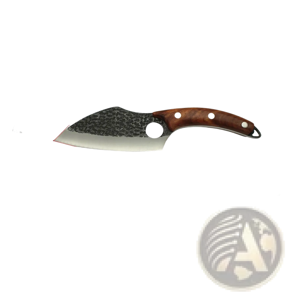 Boning knife hand forged high carbon steel with hammer black blade and brown wooden handle with three white rivets