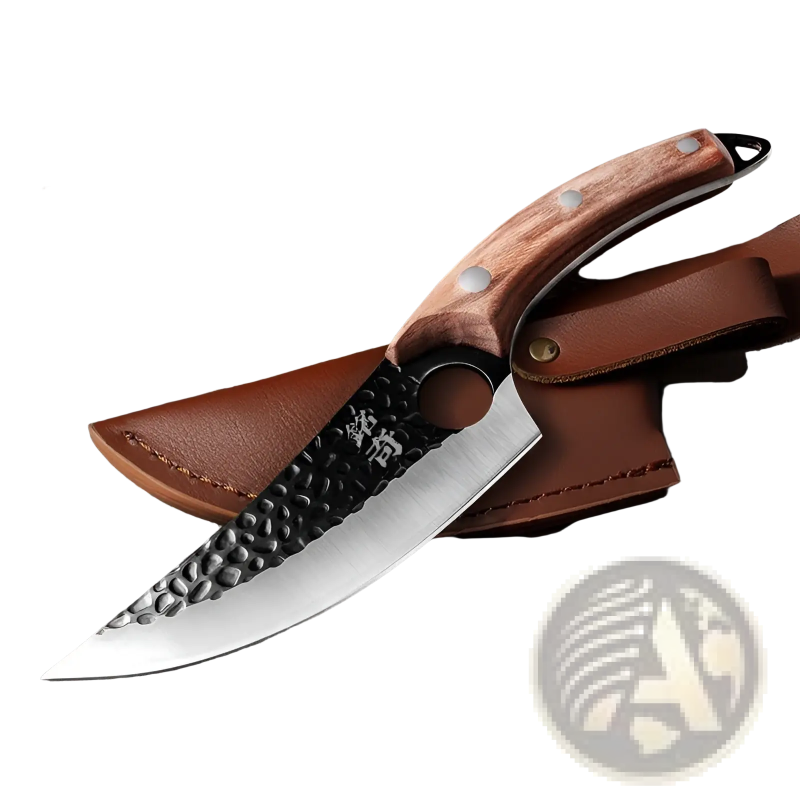Boning knife hand forged high carbon steel with silver hammered blade black japanese etching and brown wooden handle in sheath