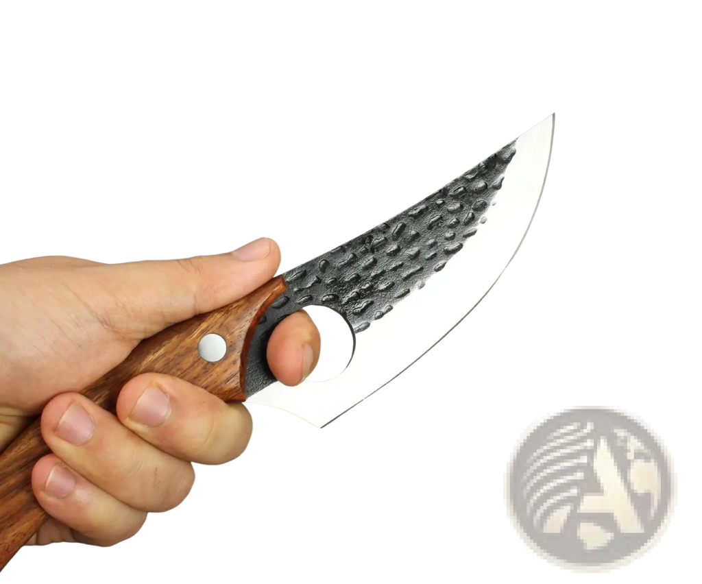 A hand grips a boning knife with a dark wooden handle and curved high carbon steel blade with upgrade ring design