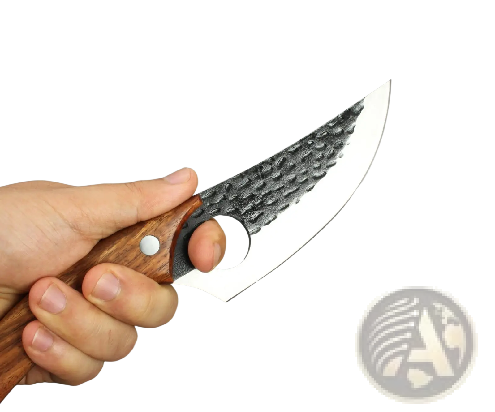 A hand grips a boning knife with a dark wooden handle and curved high carbon steel blade with upgrade ring design