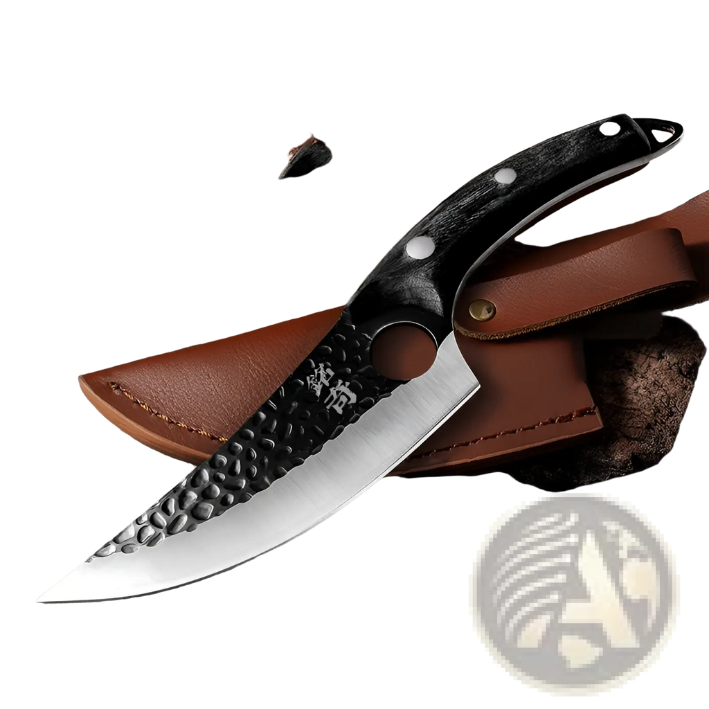 Boning knife with black handle and hammered high carbon steel blade engraved with chinese characters in brown leather sheath