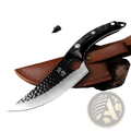 Boning knife with black handle and hammered high carbon steel blade engraved with chinese characters in brown leather sheath