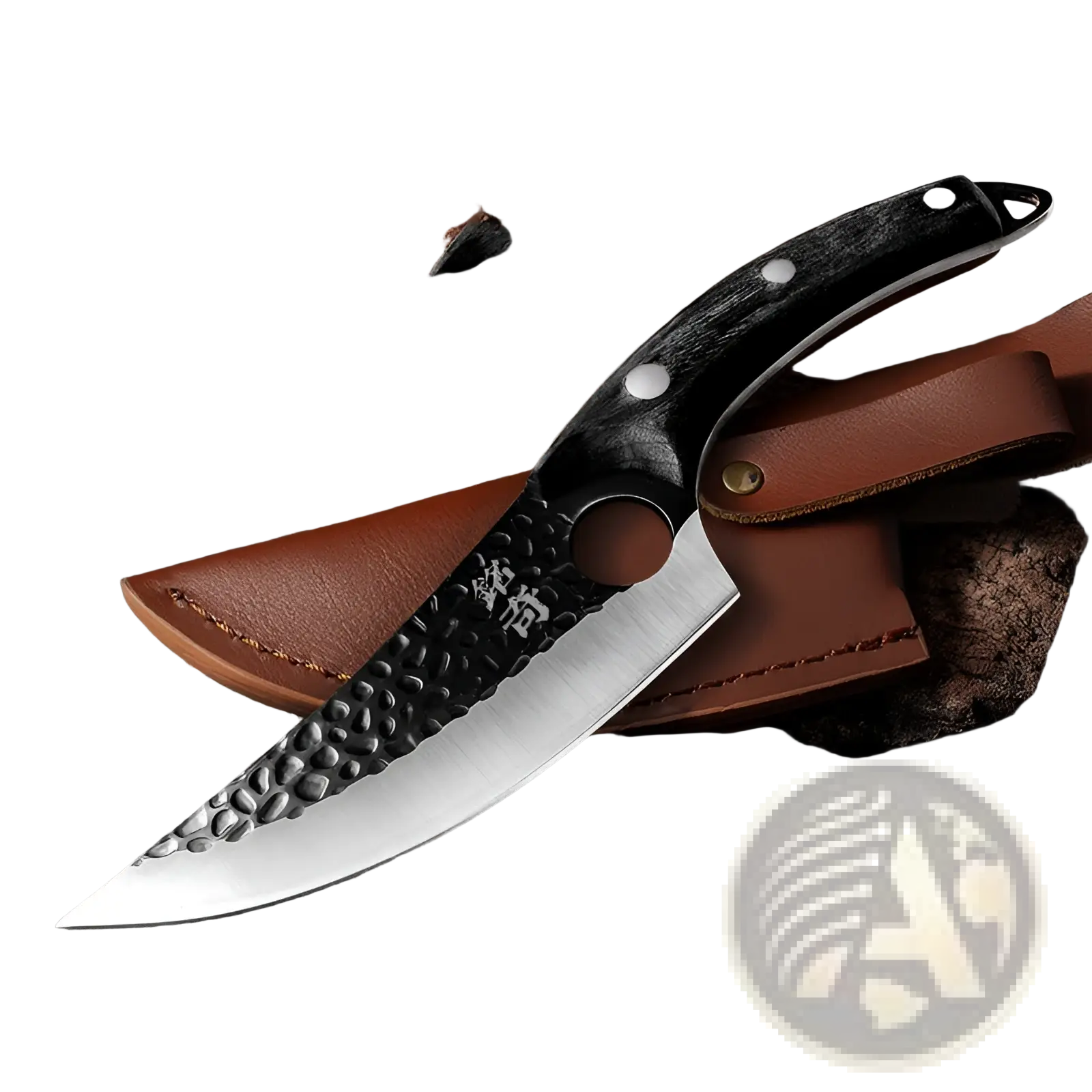 Boning knife with black handle and hammered high carbon steel blade engraved with chinese characters in brown leather sheath
