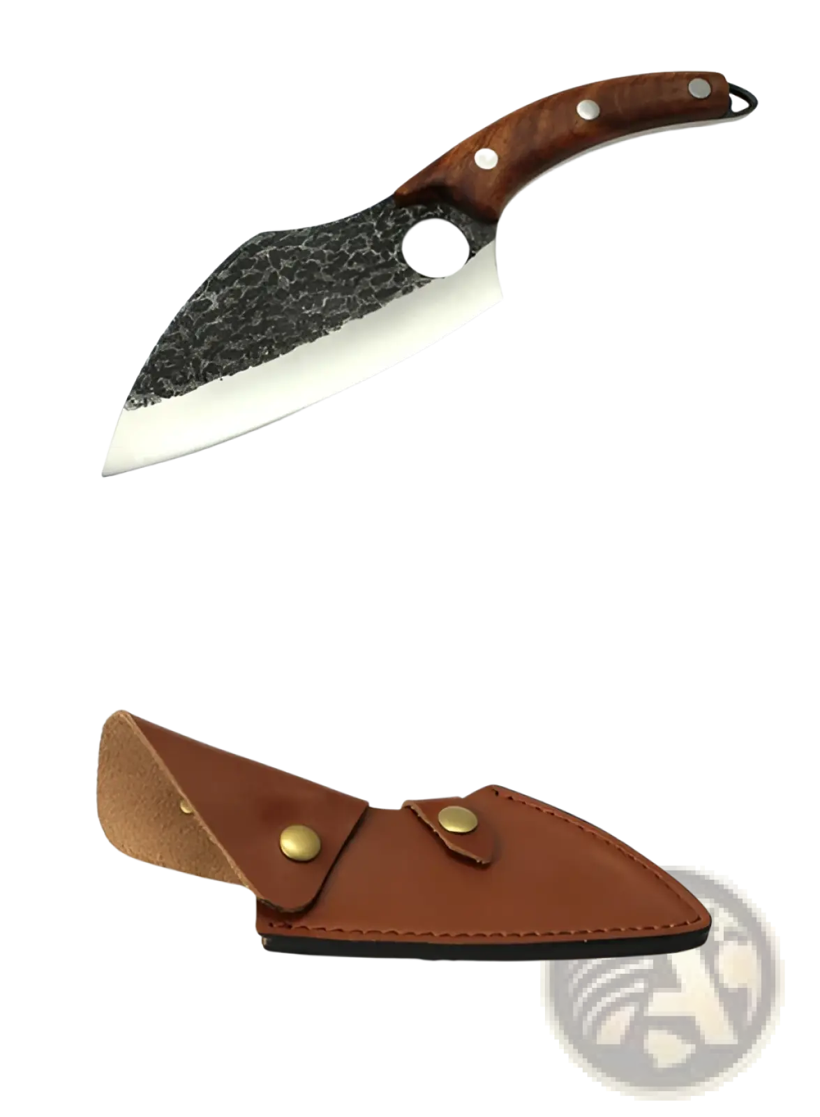 Boning knife with hand forged high carbon steel hammered black and silver blade and brown wooden handle with leather sheath