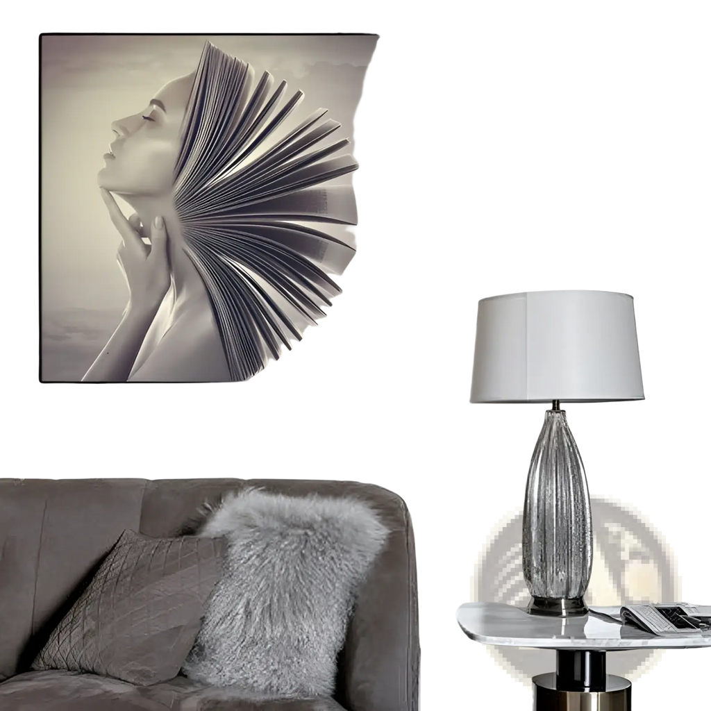 Monochrome framed canvas wall art of a woman profile with an open book fanning from her neck titled book head woman profile
