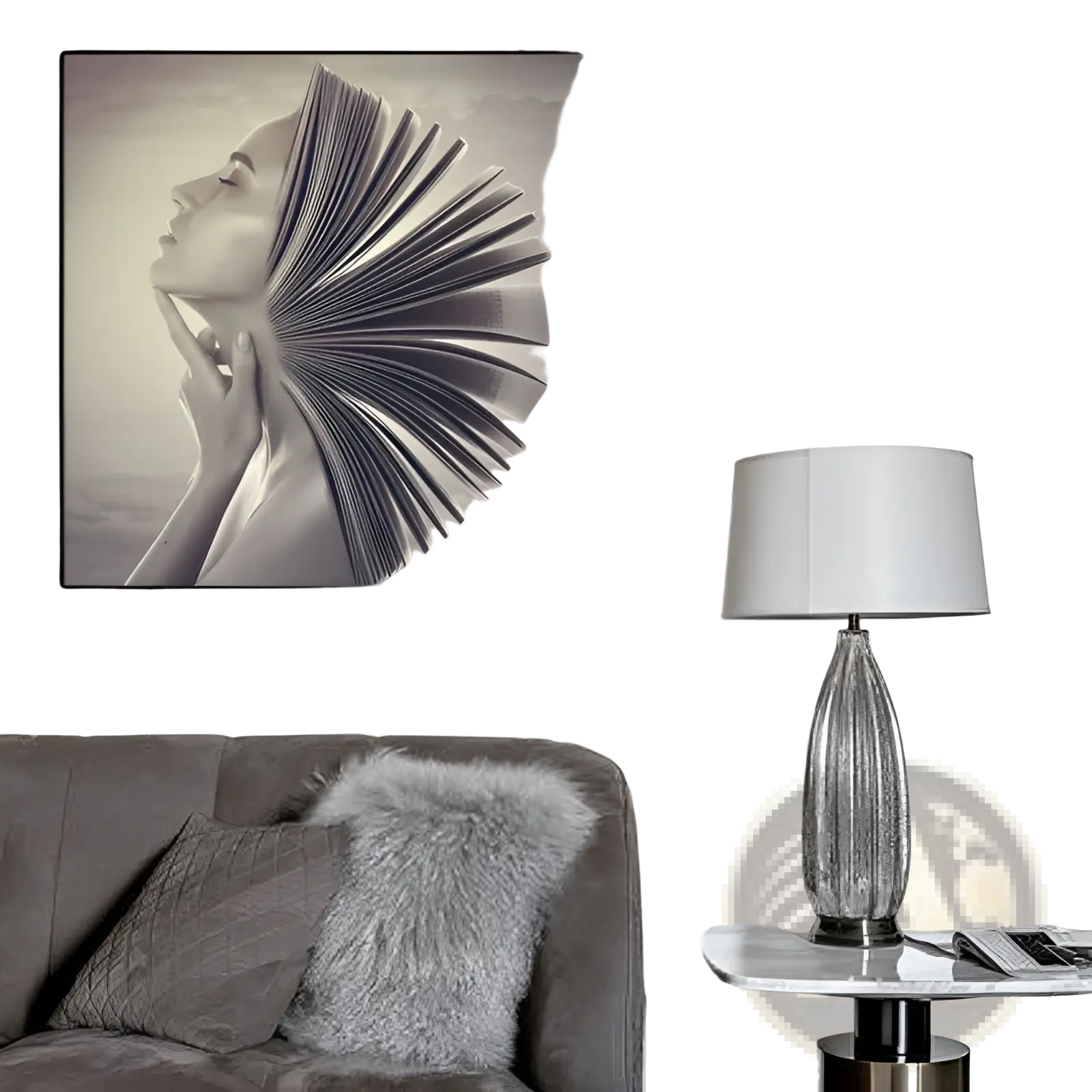 Monochrome framed canvas wall art of a woman profile with an open book fanning from her neck titled book head woman profile