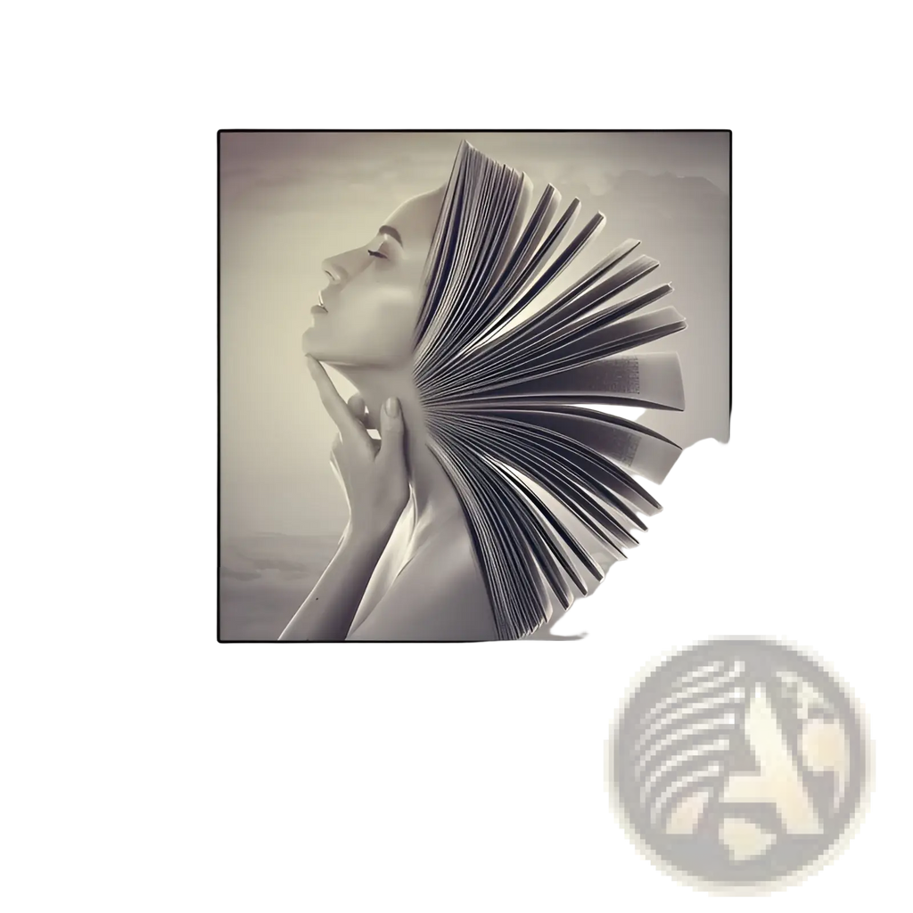 A framed black-and-white canvas print of a woman in profile with open book pages fanning from her head wall art