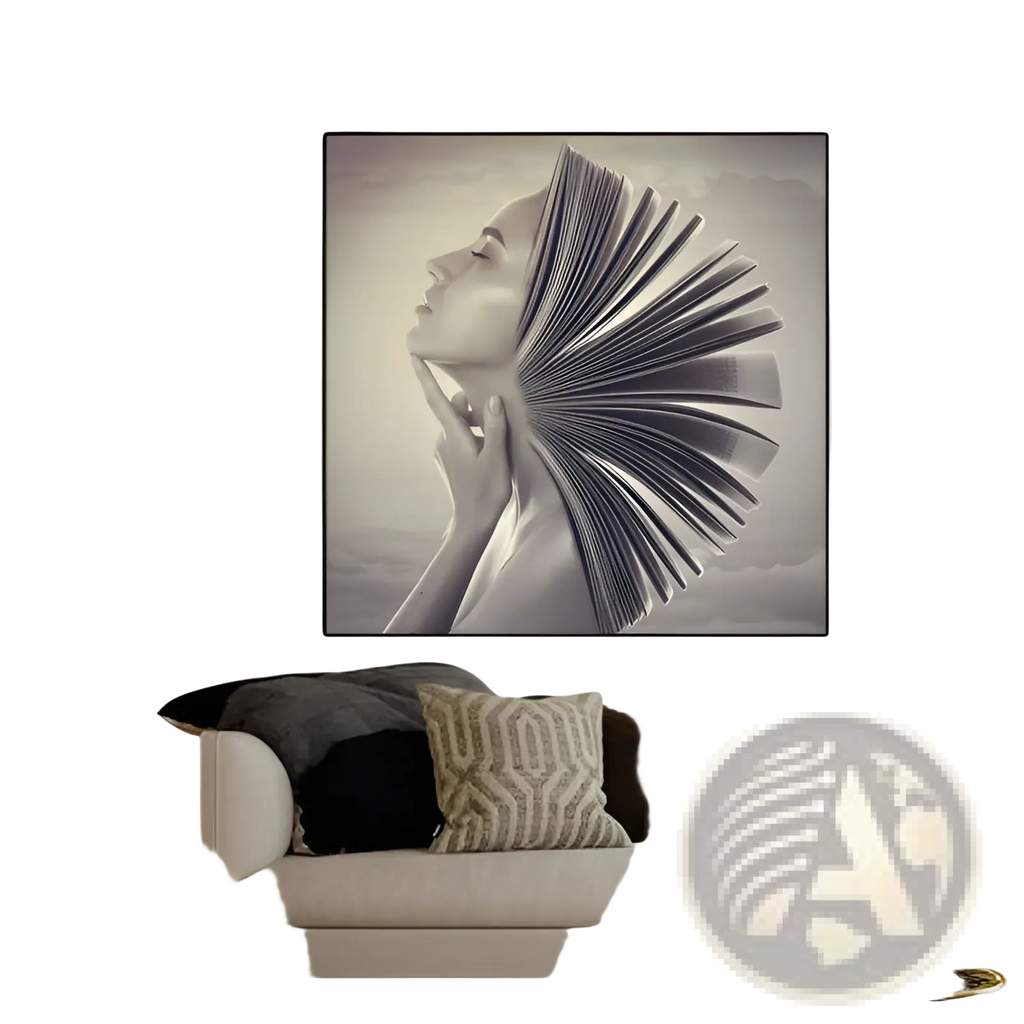 A black-framed canvas wall art featuring a monochrome woman profile with book pages fanning behind her