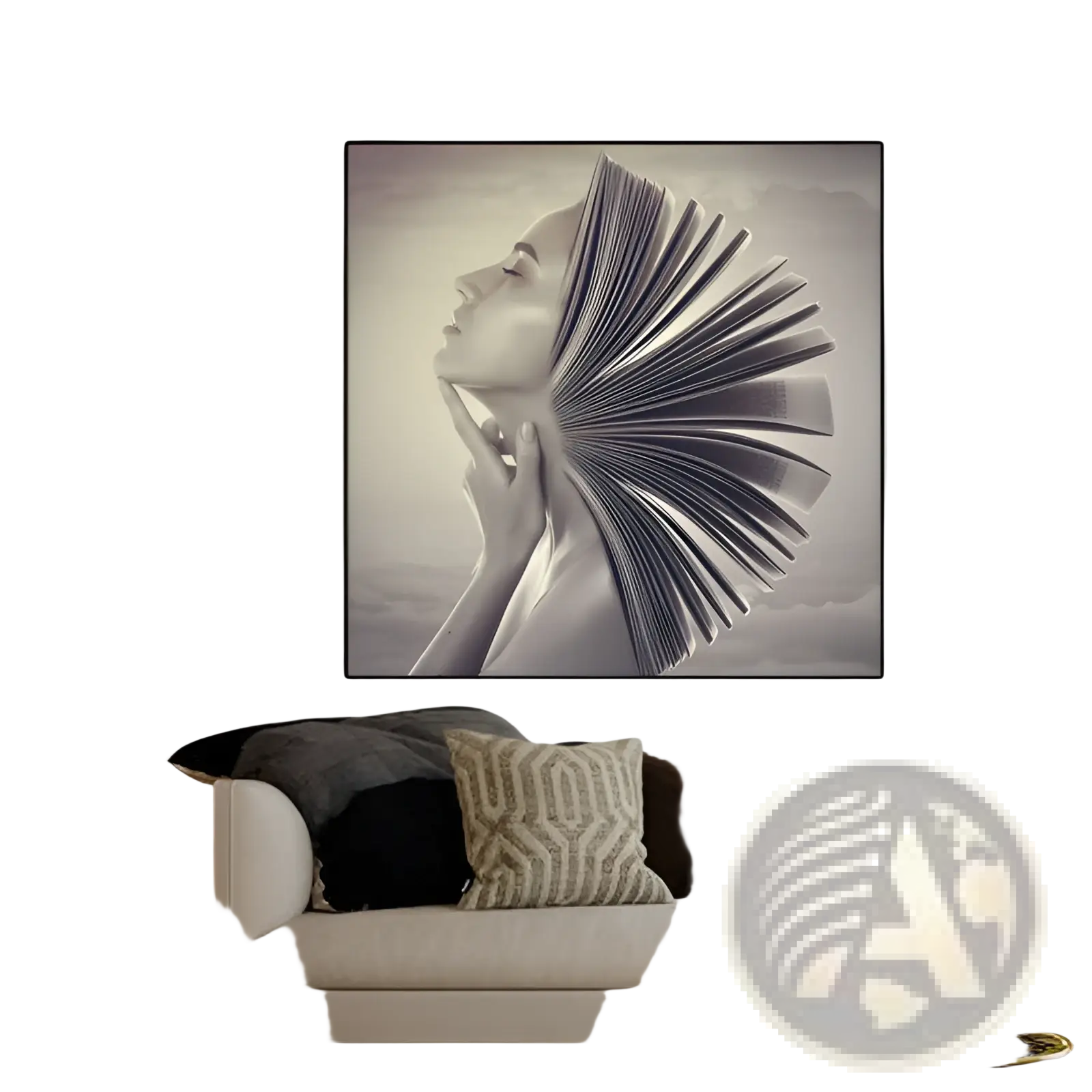 A black-framed canvas wall art featuring a monochrome woman profile with book pages fanning behind her