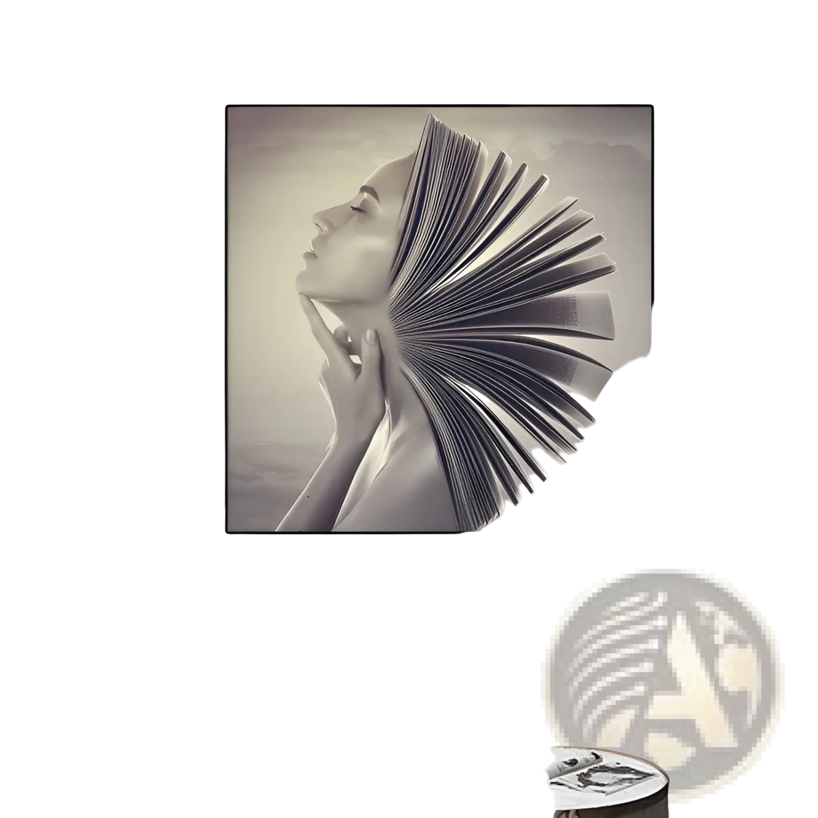 A modern black-framed canvas wall art featuring a sepia toned woman profile partially obscured by open book pages