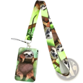 A vibrant green and brown sloth-themed book lover lanyard and rectangular id card holder with detailed sloth illustrations