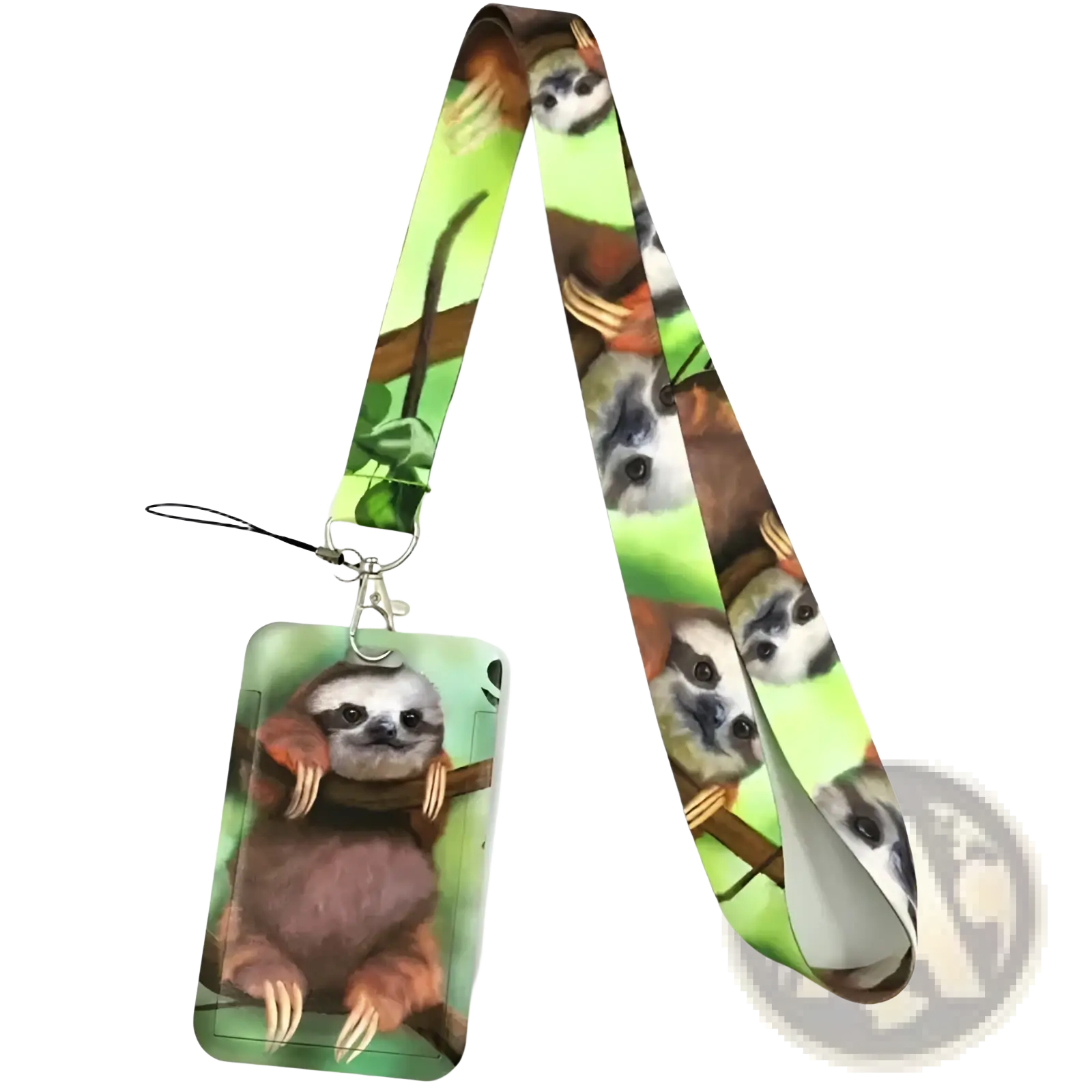 A vibrant green and brown sloth-themed book lover lanyard and rectangular id card holder with detailed sloth illustrations
