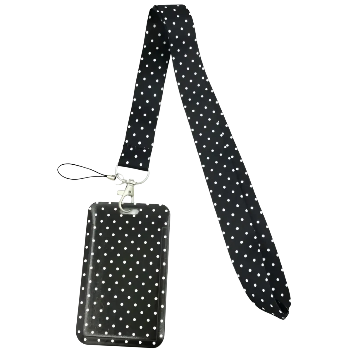 Black polka-dot lanyard and id card holder set with white dots on fabric strap and plastic front for book lovers
