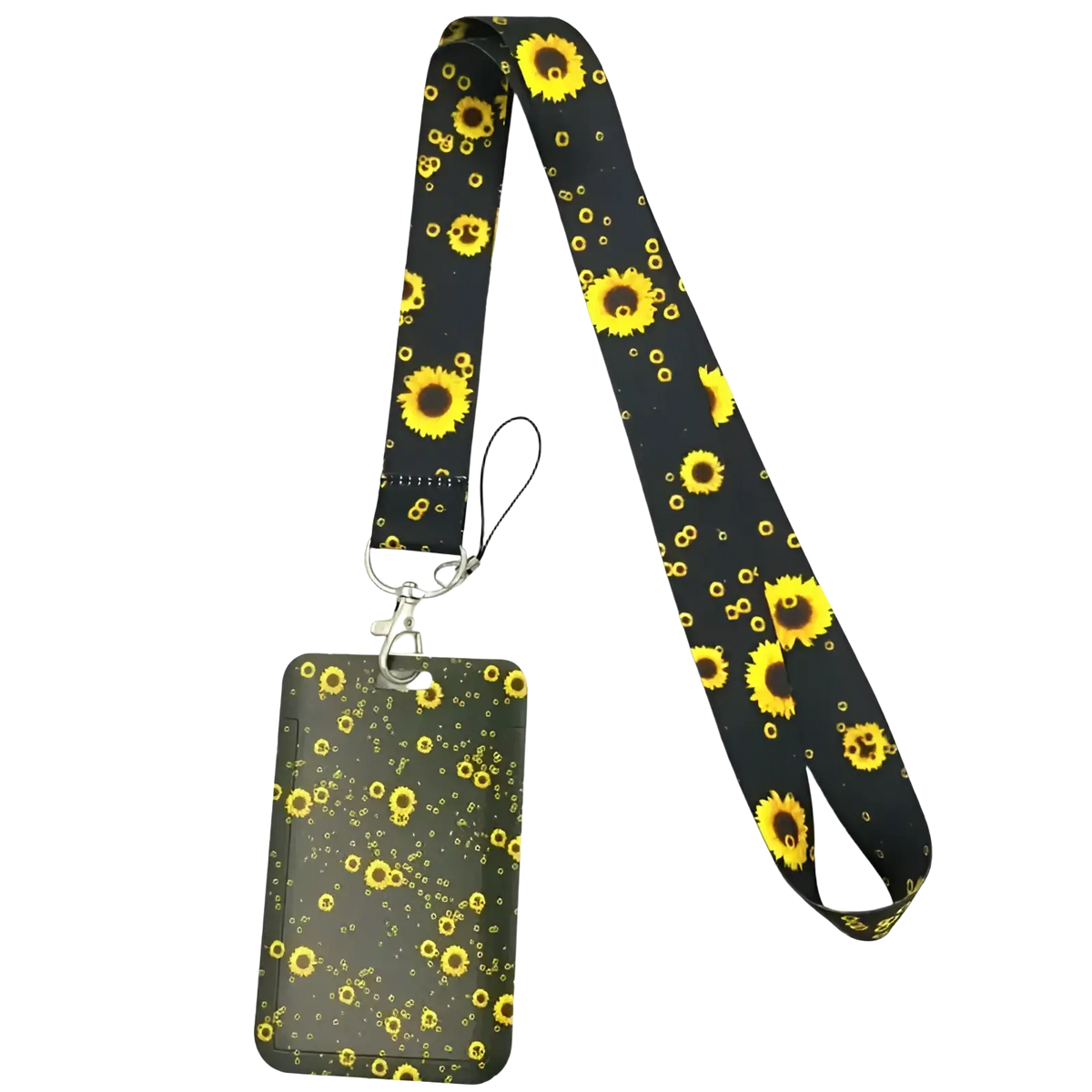 Book lover lanyard and id card holder set in black sunflower pattern made of durable fabric for convenient use